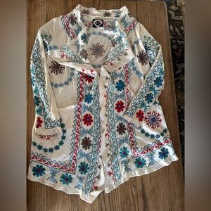 Johnny Was Ivory Cardigan with Red and Teal Floral Design